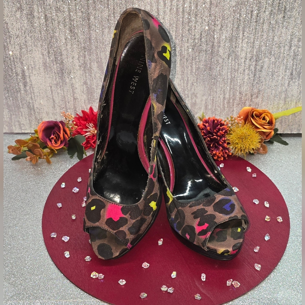 Nine West Neon Leopard Peep Toe Heels. Sz. 8.5
